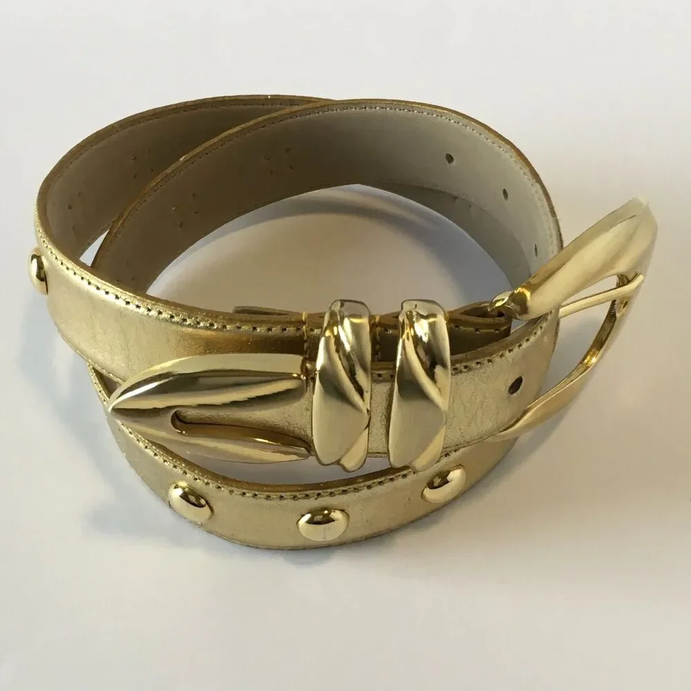 Vintage Genuine Leather Womens Belt Gold Tone & Buckle Studs marked Size S